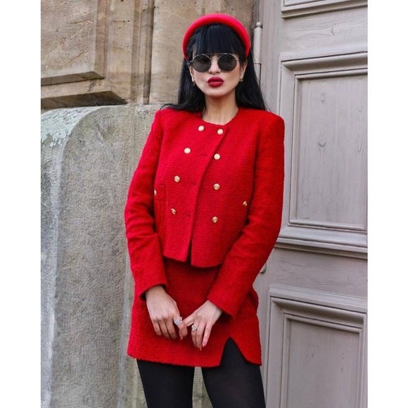ZARA Tweed Mini Skirt Red Slit With Belt Loops Womenâs US XS EUC Textured Fabric - Picture 4 of 15